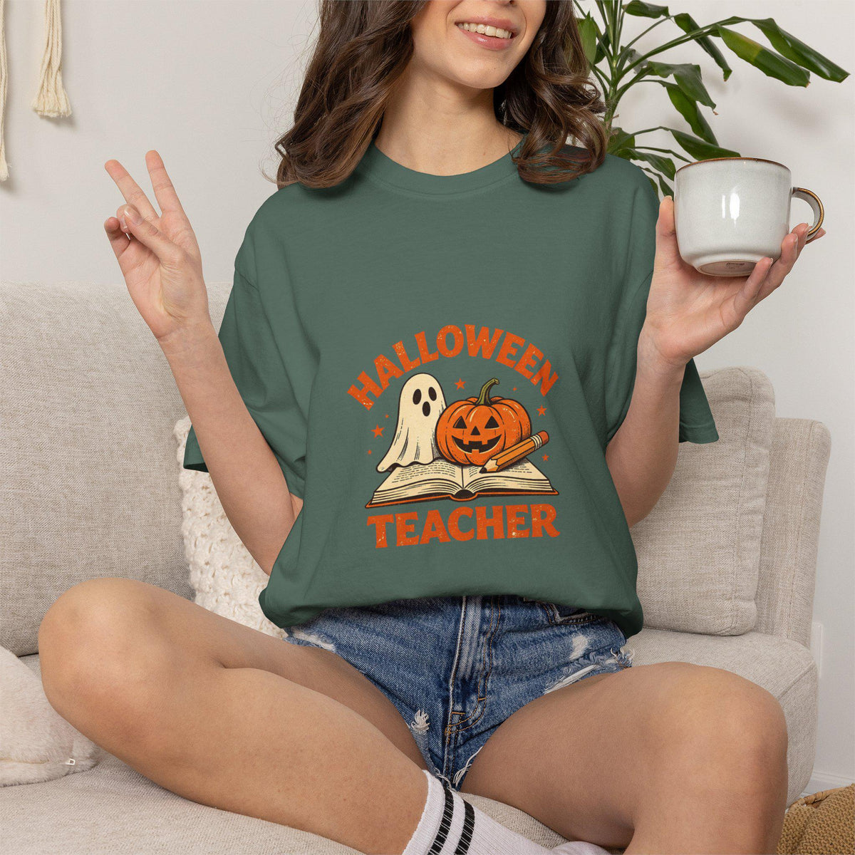 Halloween Teacher T-shirt | Ghost and Jack-o'-Lantern Book Illustration
