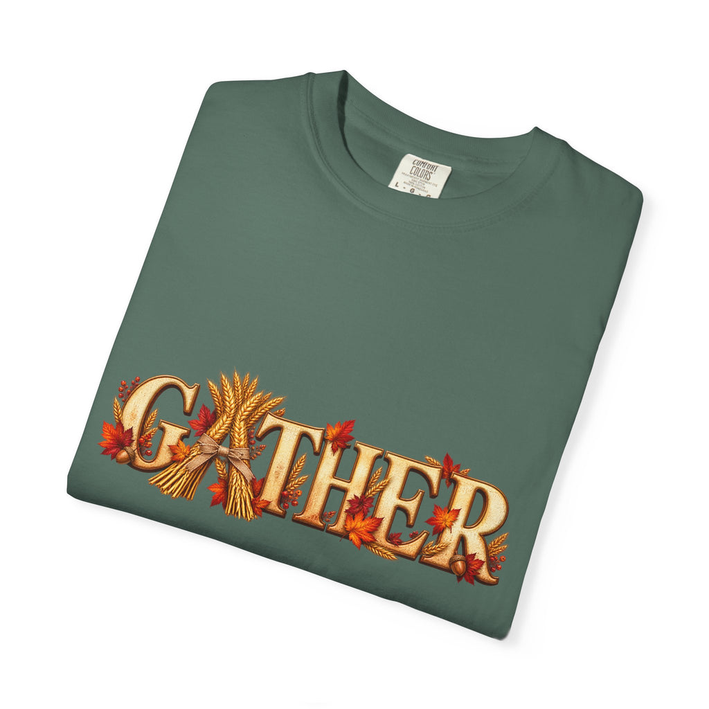 Gather Fall T-Shirt — Autumn Leaves Harvest Graphic Tee, Thanksgiving Family Gathering Shirt, Rustic Fall Gift