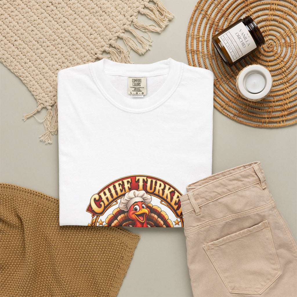 Chief Turkey Roaster T-Shirt — Retro Thanksgiving Emblem Tee, Vintage BBQ Turkey Badge Graphic Fall Shirt