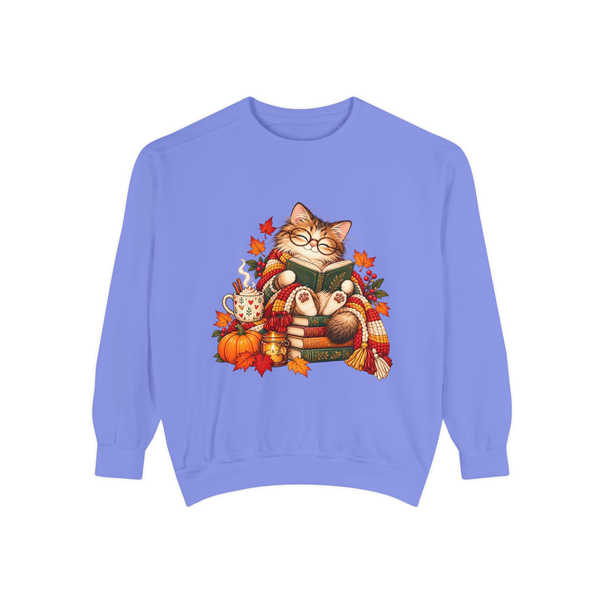 Cozy Reading Cat Sweatshirt | Autumn Leaves Pumpkin Fall Cozy