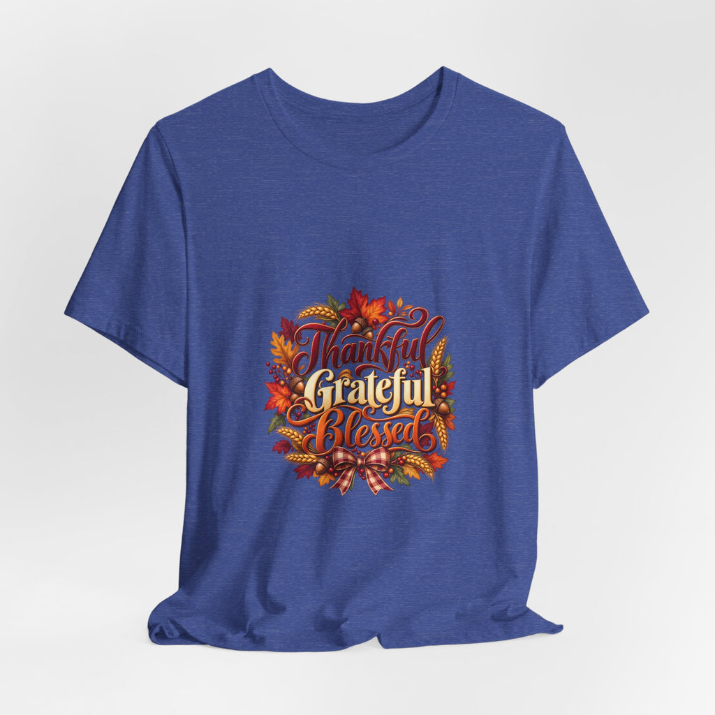 Thankful Grateful Blessed T-Shirt — Fall Leaves Thanksgiving Tee, Autumn Gratitude Shirt, Family Matching Outfit