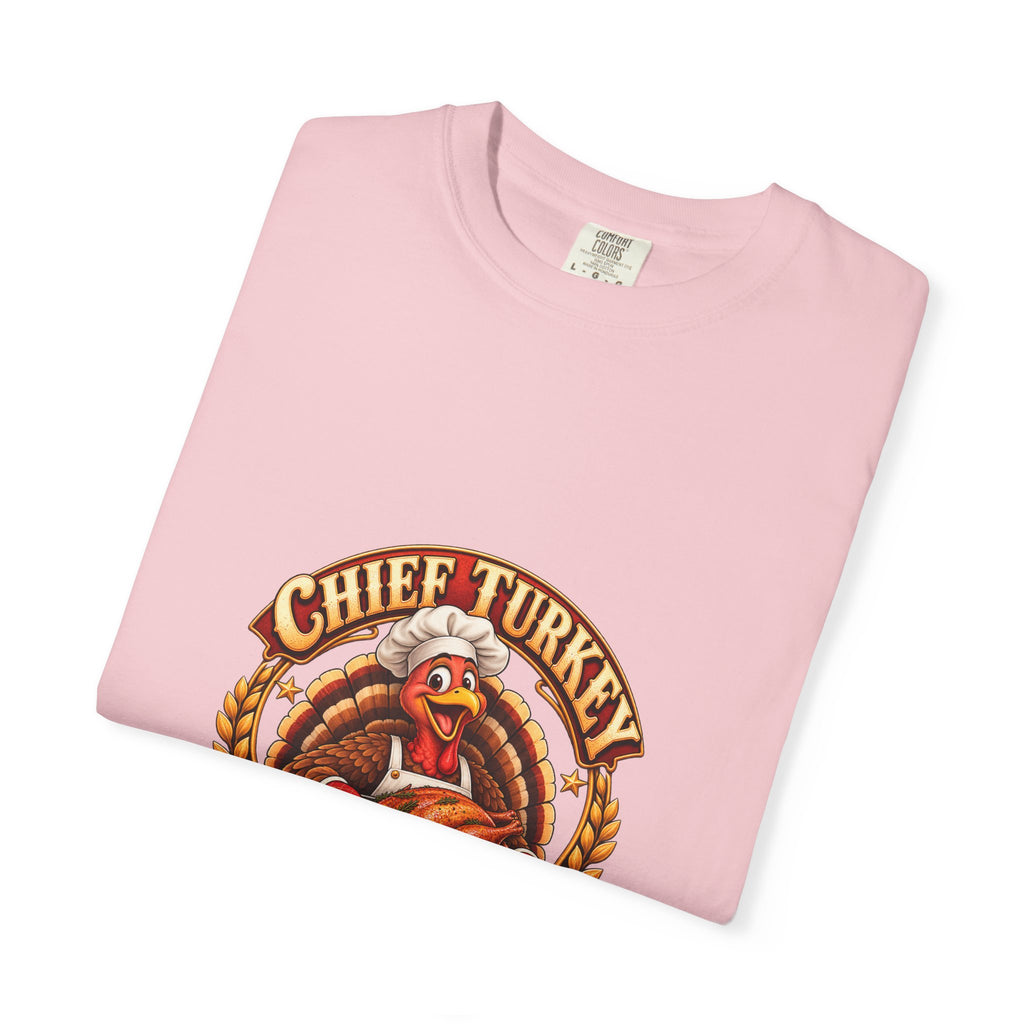 Chief Turkey Roaster T-Shirt — Retro Thanksgiving Emblem Tee, Vintage BBQ Turkey Badge Graphic Fall Shirt