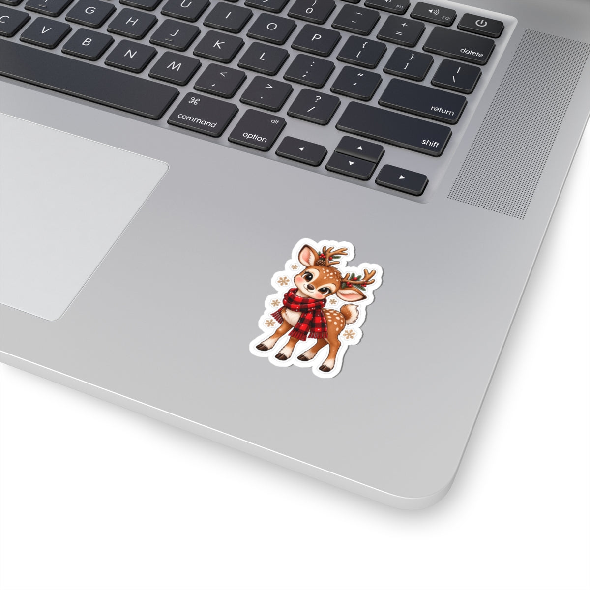 Cute Christmas Reindeer Sticker — Festive Deer with Plaid Scarf (Kiss-Cut)