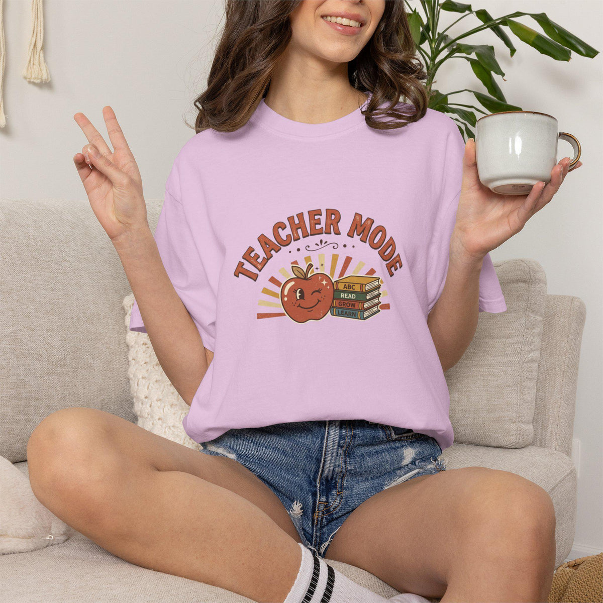 Teacher Mode apple stack of books T-Shirt | school teacher tee