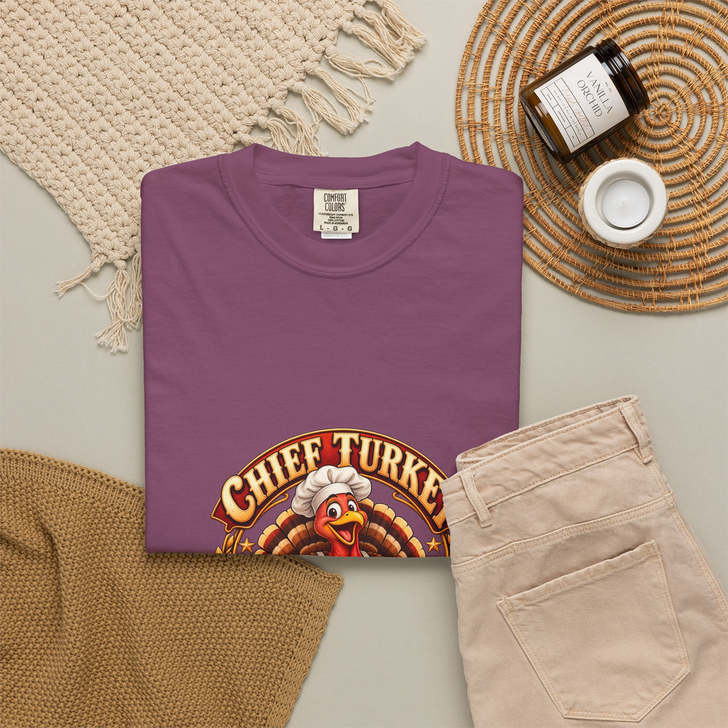Chief Turkey Roaster T-Shirt — Retro Thanksgiving Emblem Tee, Vintage BBQ Turkey Badge Graphic Fall Shirt