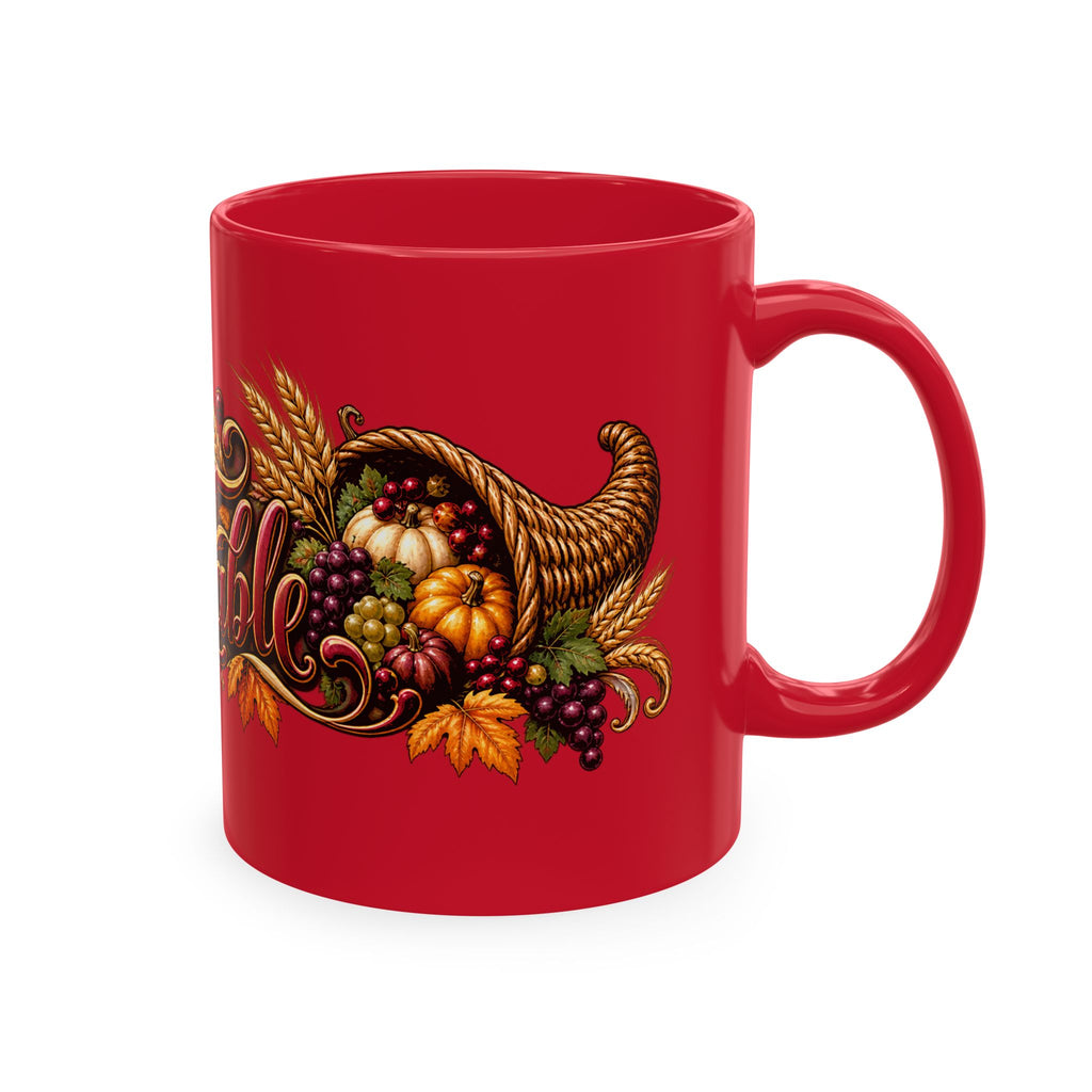 Bless This Table Mug — Harvest Thanksgiving Ceramic Coffee Mug, Cornucopia Gratitude Fall Harvest Gift