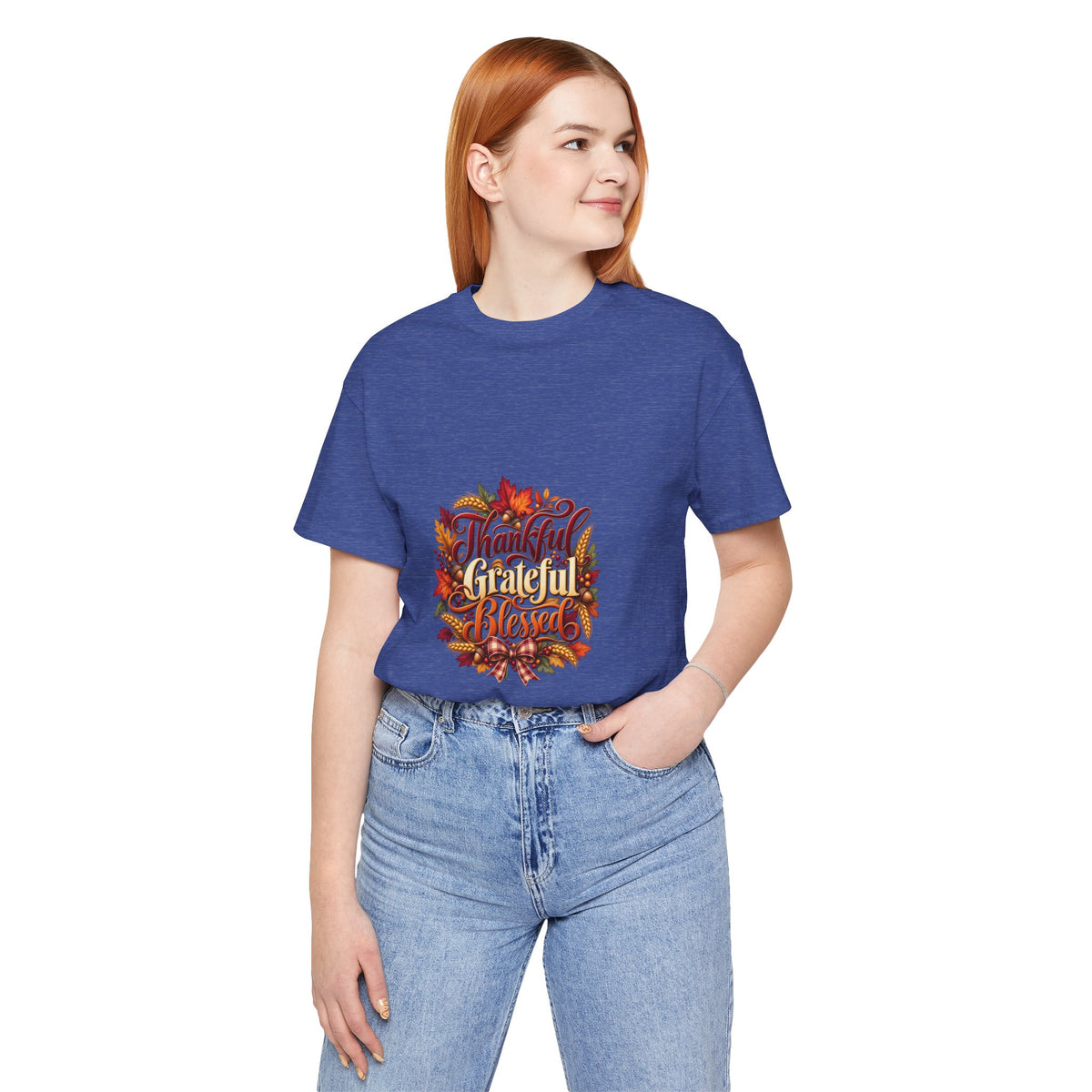 Thankful Grateful Blessed T-Shirt — Fall Leaves Thanksgiving Tee, Autumn Gratitude Shirt, Family Matching Outfit