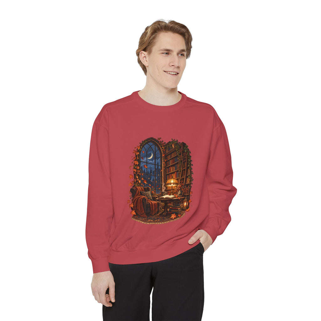 Cozy Nighttime Library Scene Sweatshirt | Reading Nook Illustration