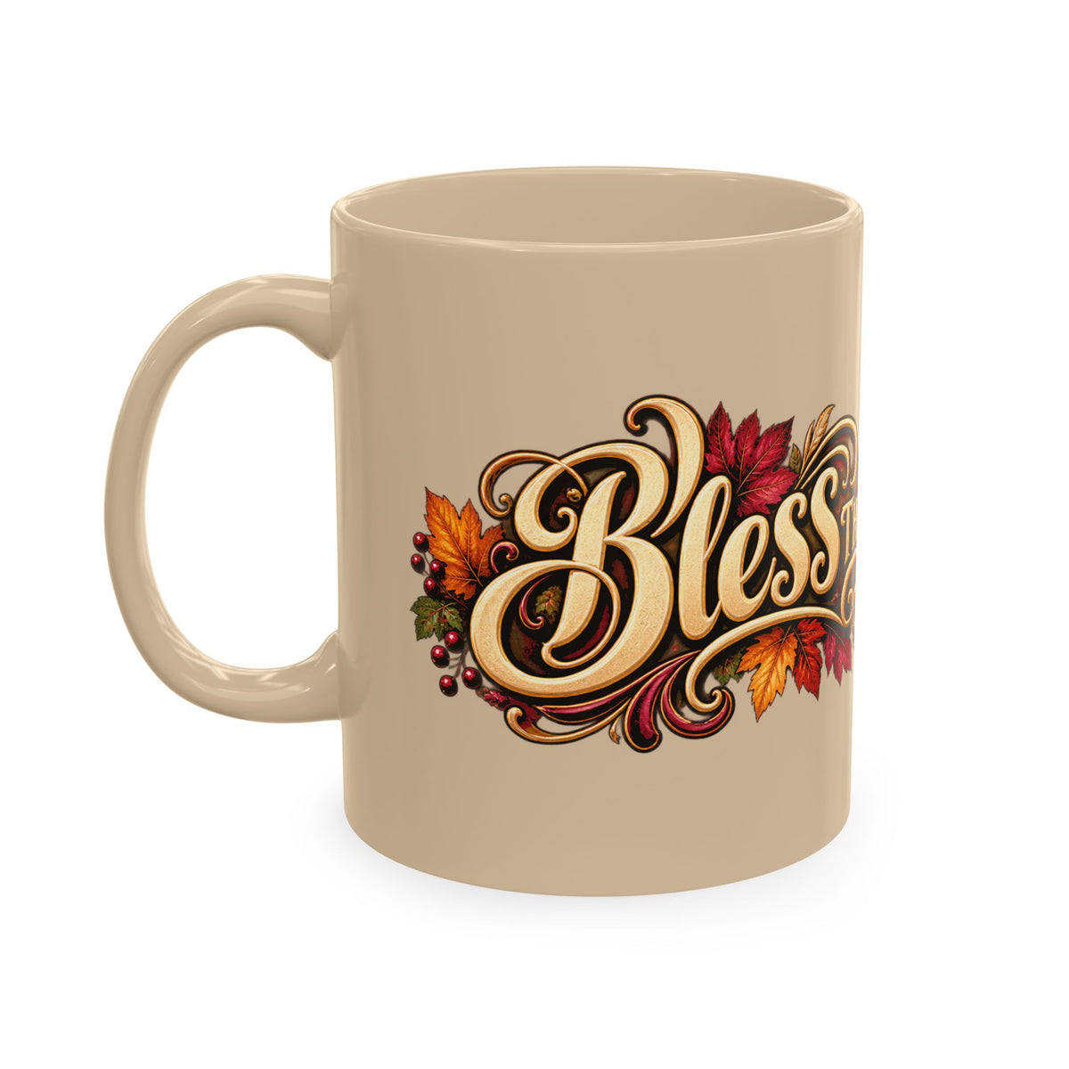 Bless This Table Mug — Harvest Thanksgiving Ceramic Coffee Mug, Cornucopia Gratitude Fall Harvest Gift