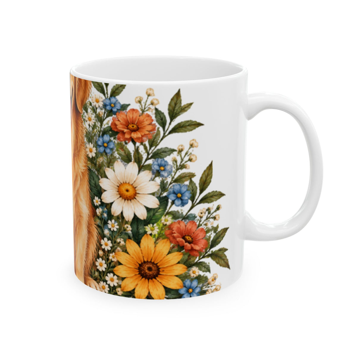 Smiling Golden Retriever Mug | Ceramic Coffee Cup with Floral Wreath