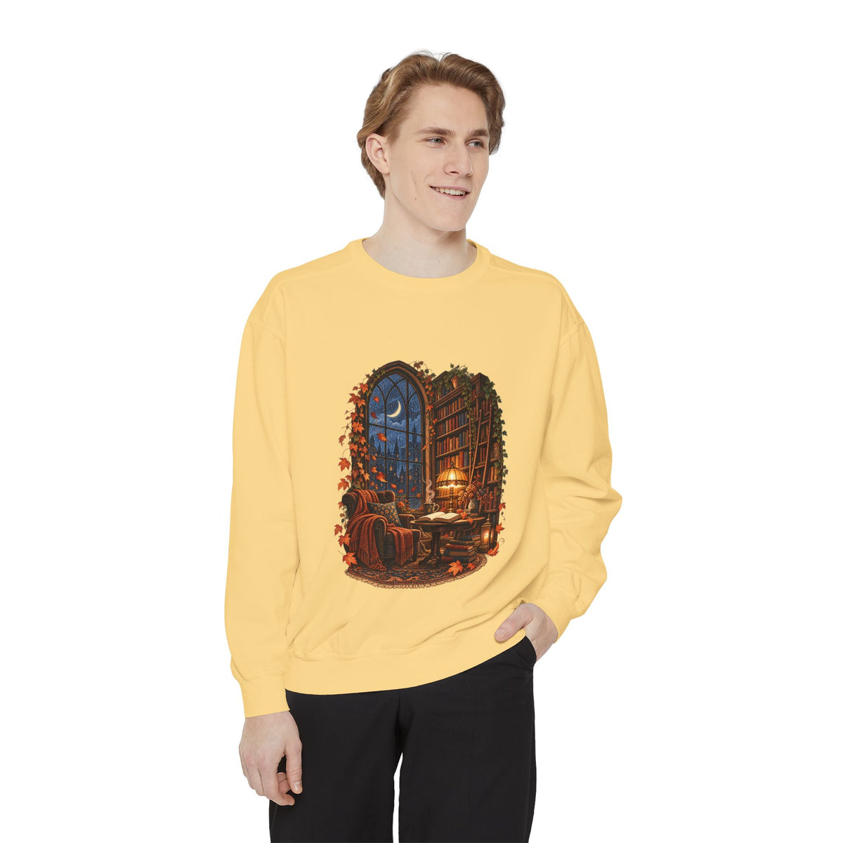 Cozy Nighttime Library Scene Sweatshirt | Reading Nook Illustration