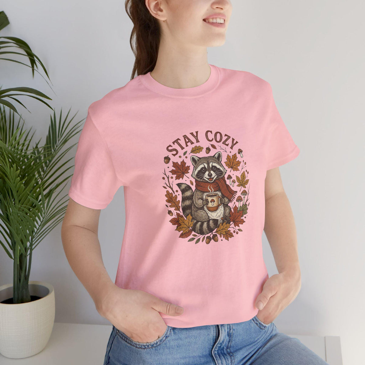 Stay Cozy Raccoon with Coffee Tee | Autumn Leaves Fall Shirt