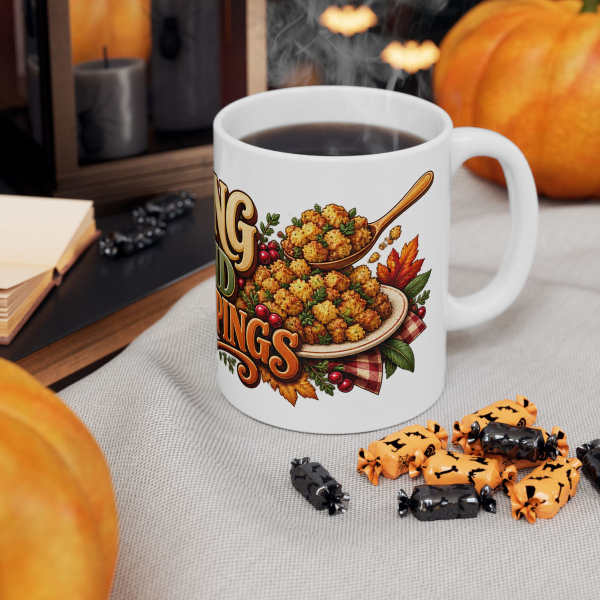Stuffing & Second Helpings Mug — Funny Thanksgiving Ceramic Coffee Mug, Turkey Dinner Humor Gift for Foodies
