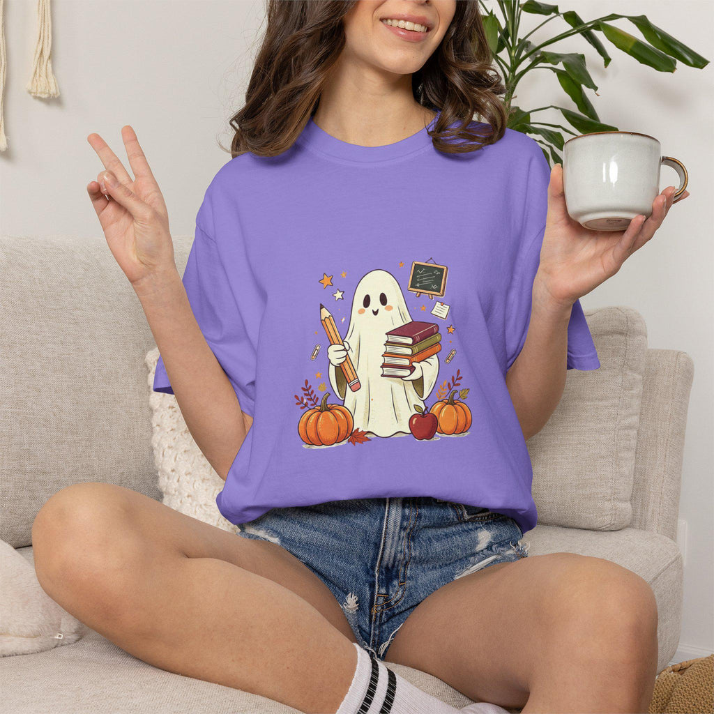 Cute Ghost with Books and Pumpkins T-shirt | Halloween Reading Shirt