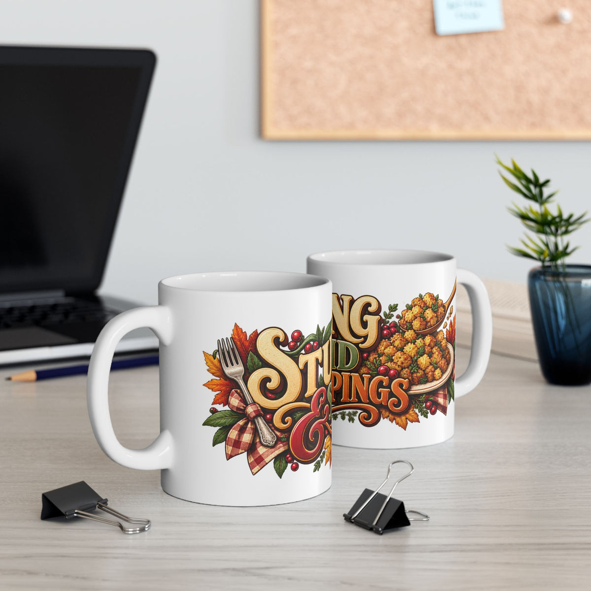 Stuffing & Second Helpings Mug — Funny Thanksgiving Ceramic Coffee Mug, Turkey Dinner Humor Gift for Foodies