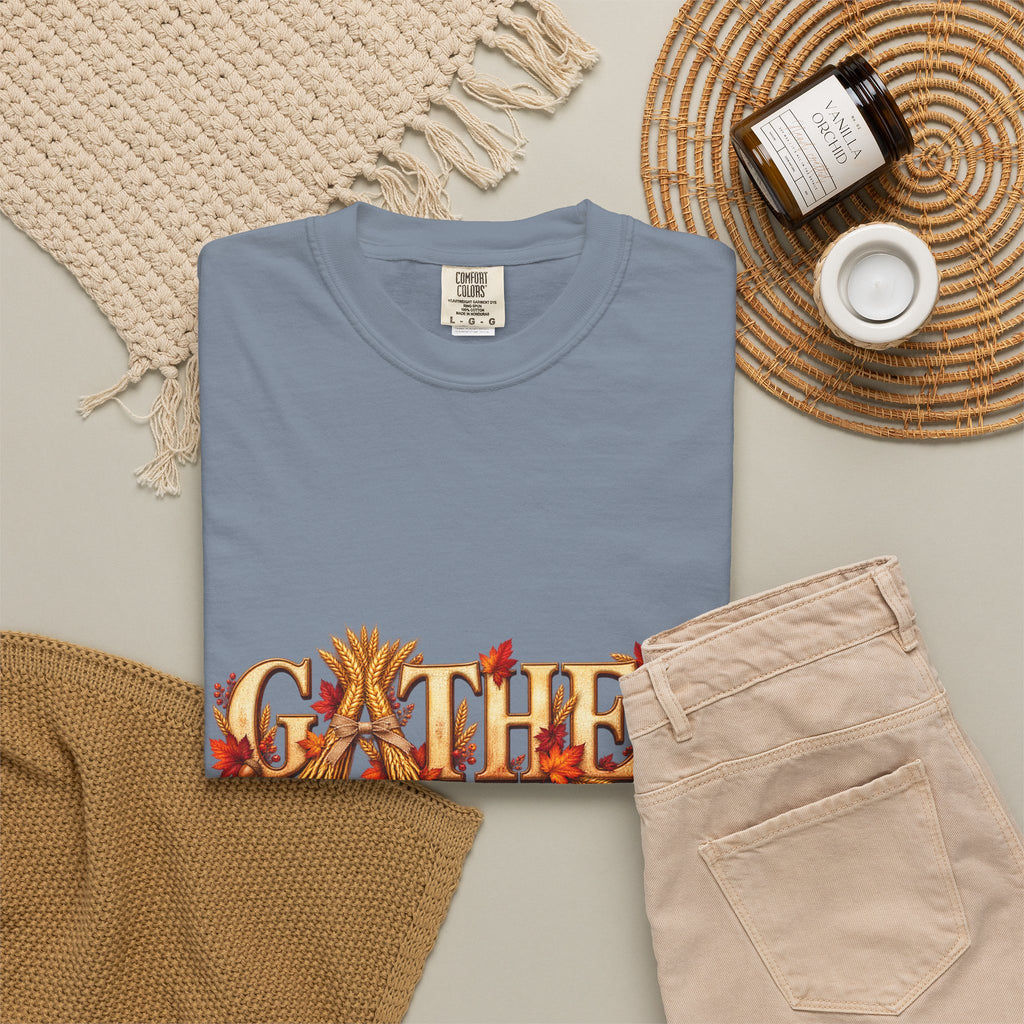 Gather Fall T-Shirt — Autumn Leaves Harvest Graphic Tee, Thanksgiving Family Gathering Shirt, Rustic Fall Gift