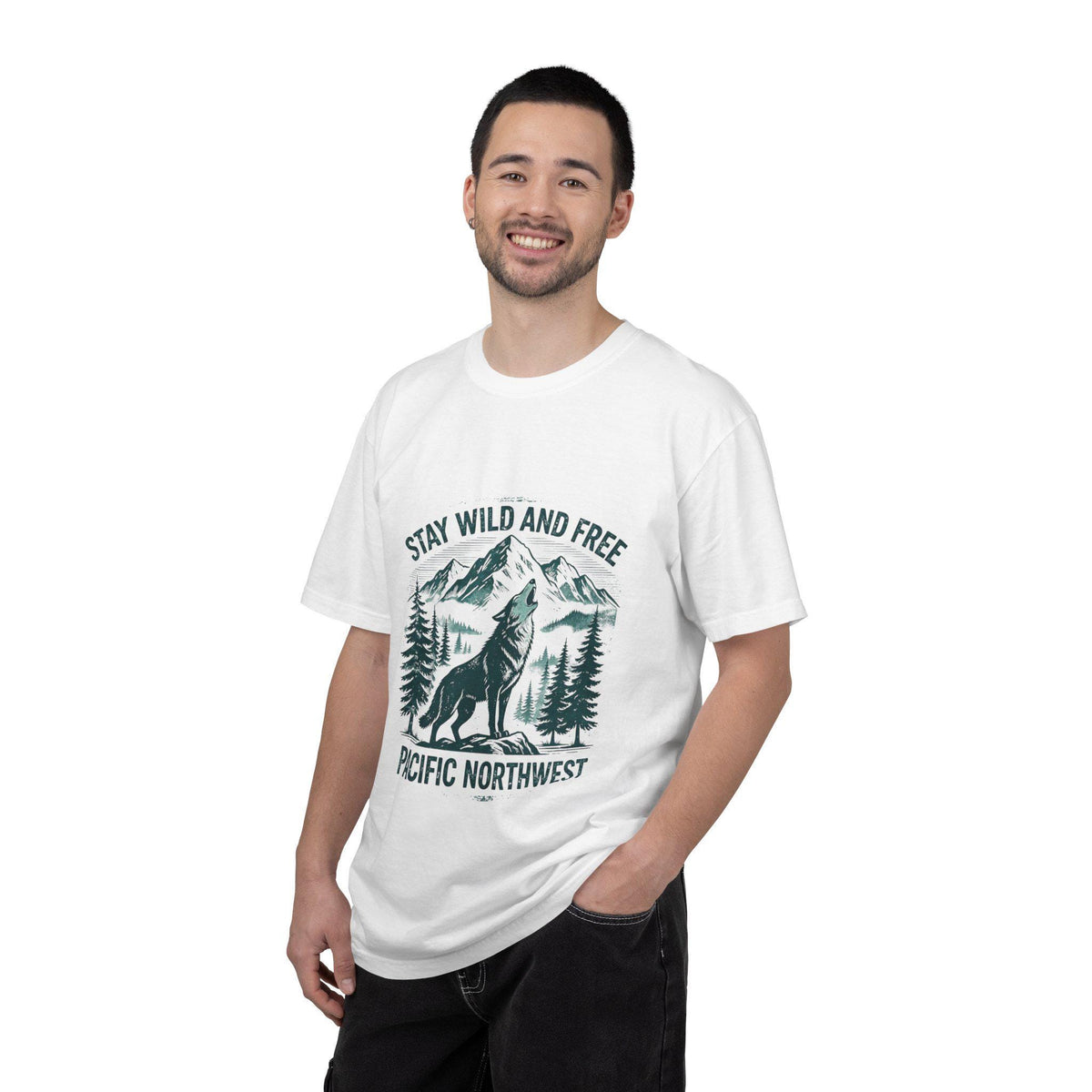 Stay Wild and Free Wolf Pacific Northwest T-Shirt | Mountain Camping Tee | Nature Lover Gift | Hiking Adventure Shirt | Wildlife Outdoor