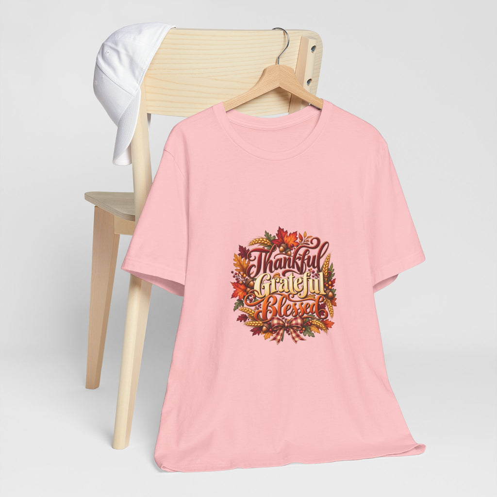 Thankful Grateful Blessed T-Shirt — Fall Leaves Thanksgiving Tee, Autumn Gratitude Shirt, Family Matching Outfit