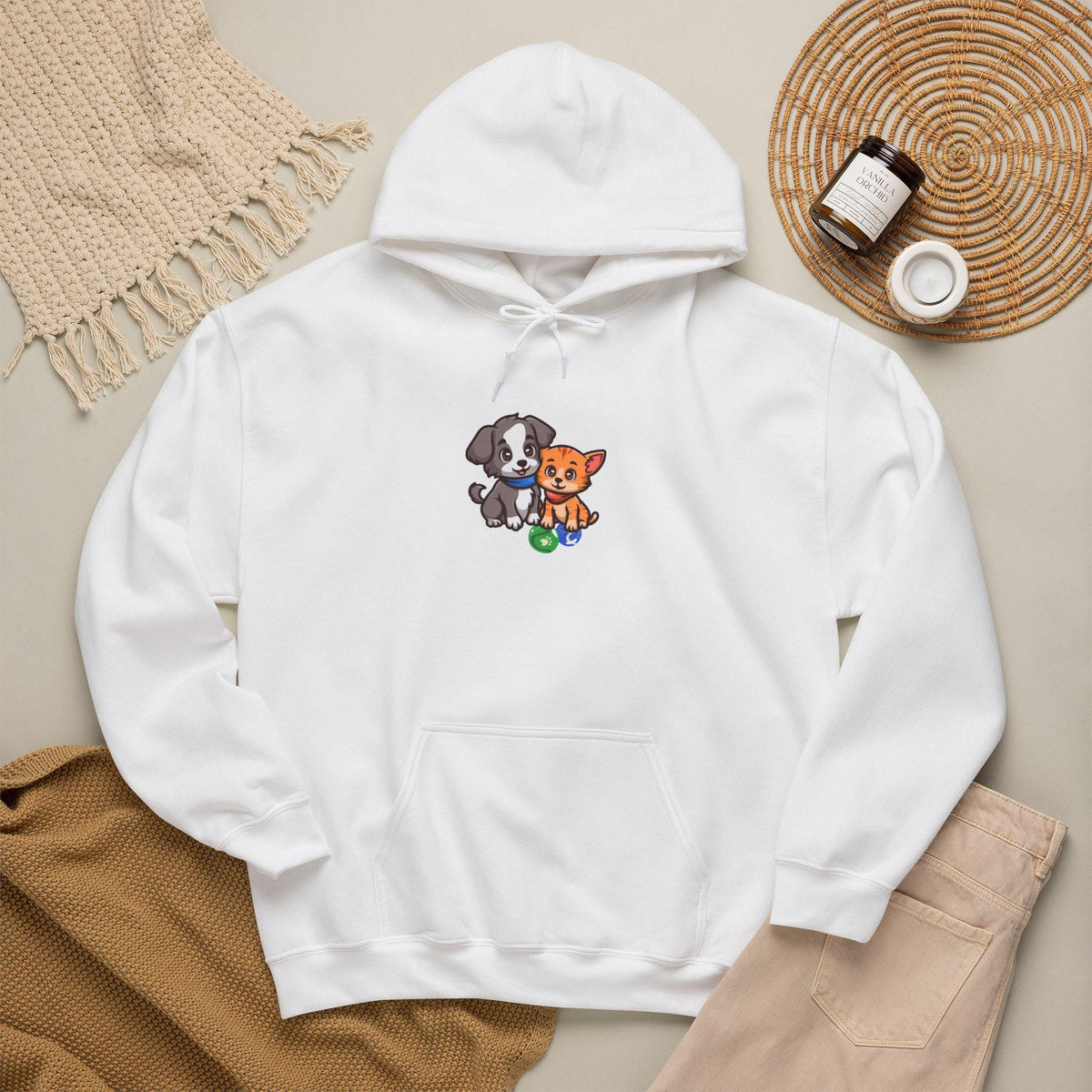 Cute Puppy And Kitten Illustration Hoodie