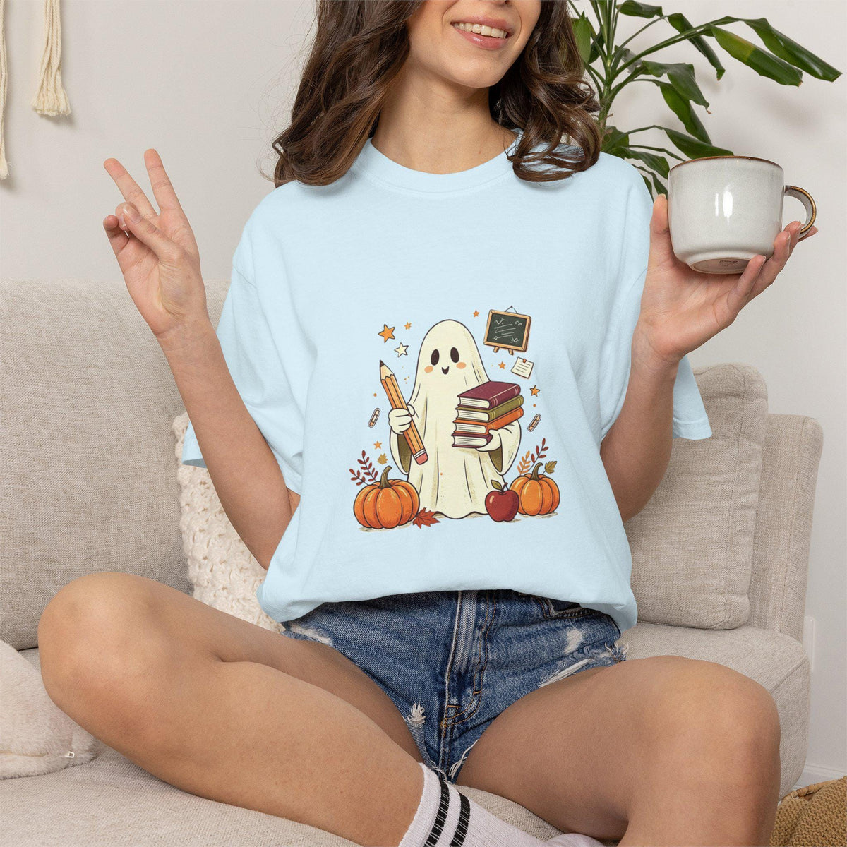 Cute Ghost with Books and Pumpkins T-shirt | Halloween Reading Shirt