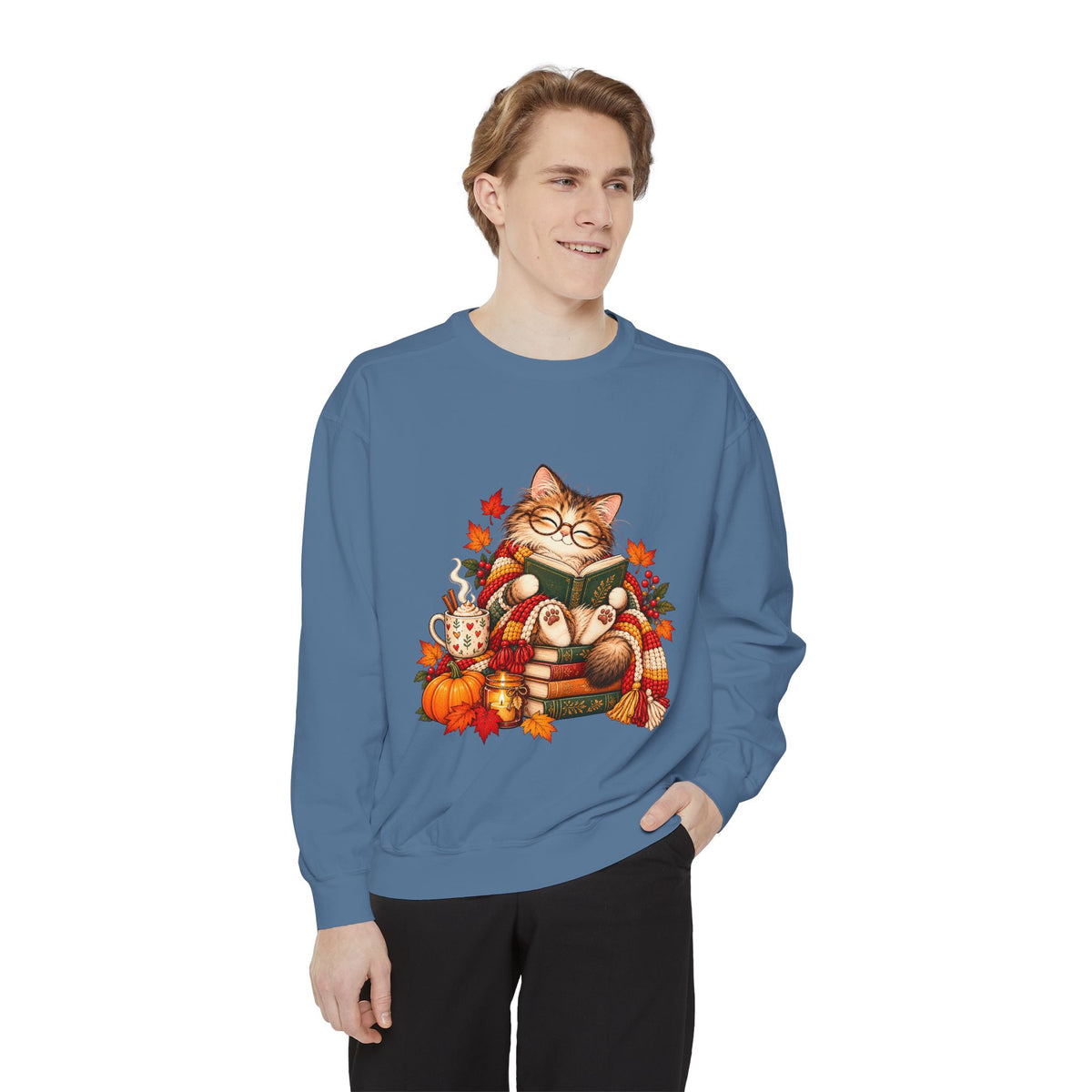 Cozy Reading Cat Sweatshirt | Autumn Leaves Pumpkin Fall Cozy