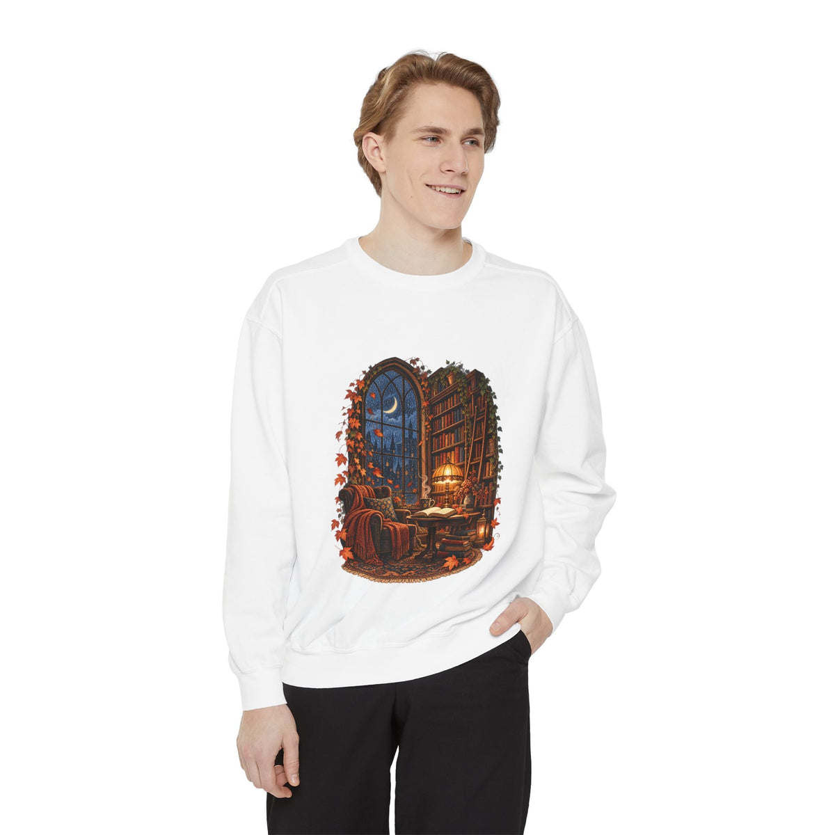 Cozy Nighttime Library Scene Sweatshirt | Reading Nook Illustration