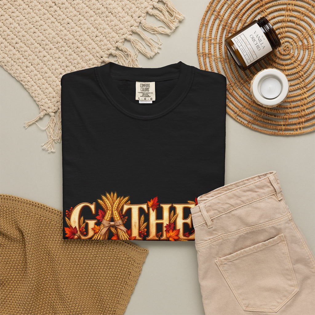 Gather Fall T-Shirt — Autumn Leaves Harvest Graphic Tee, Thanksgiving Family Gathering Shirt, Rustic Fall Gift