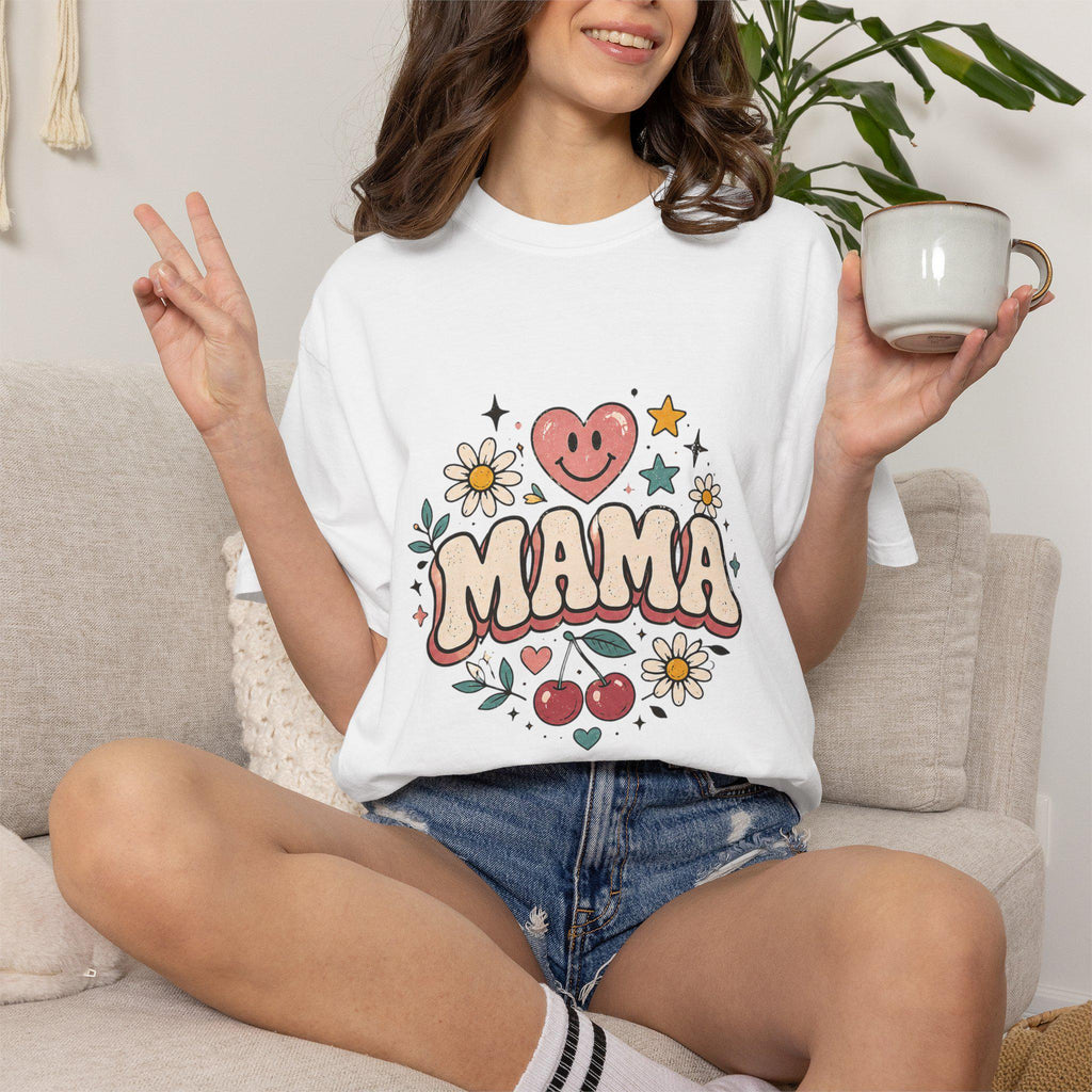Mama Retro Floral Heart Cherry T-Shirt | Mom Typography Tee