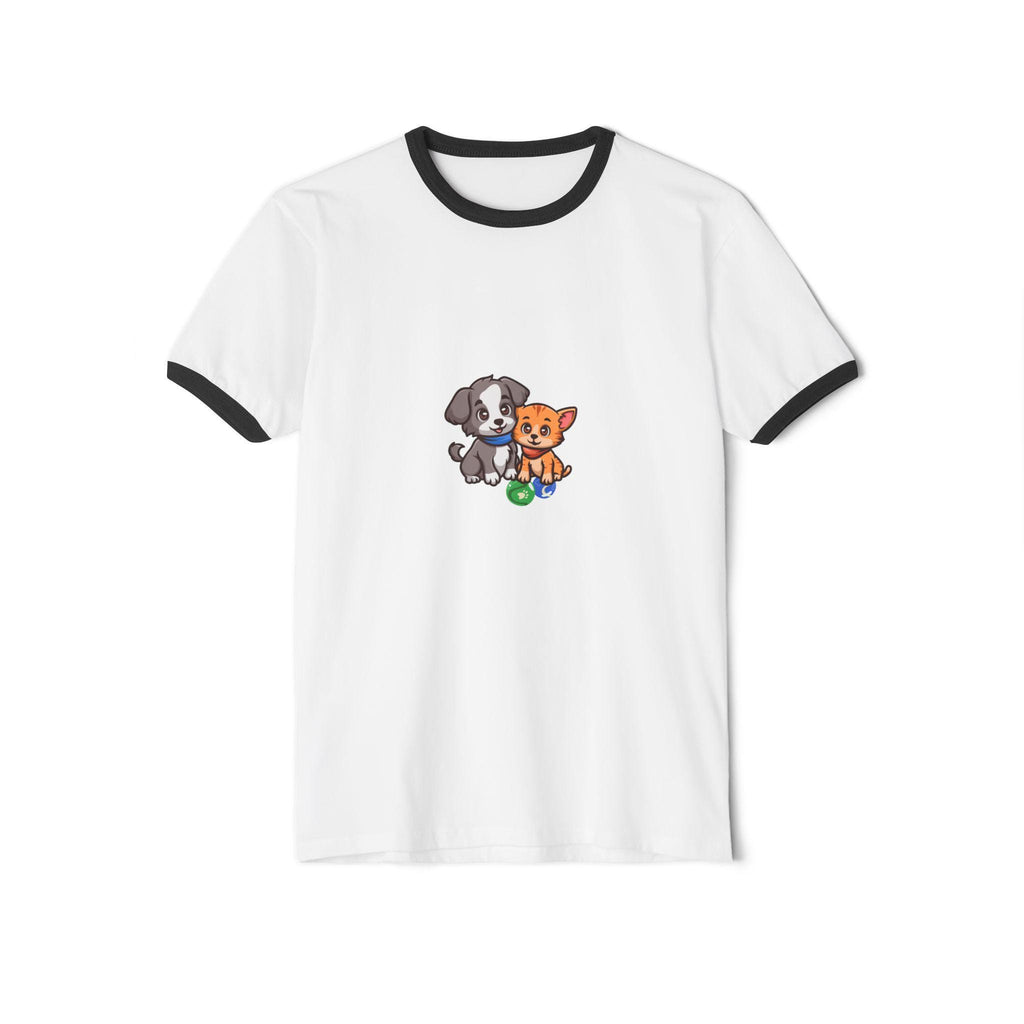 Cute Puppy and Kitten Illustration T-Shirt | Cartoon Pets, Playful Design