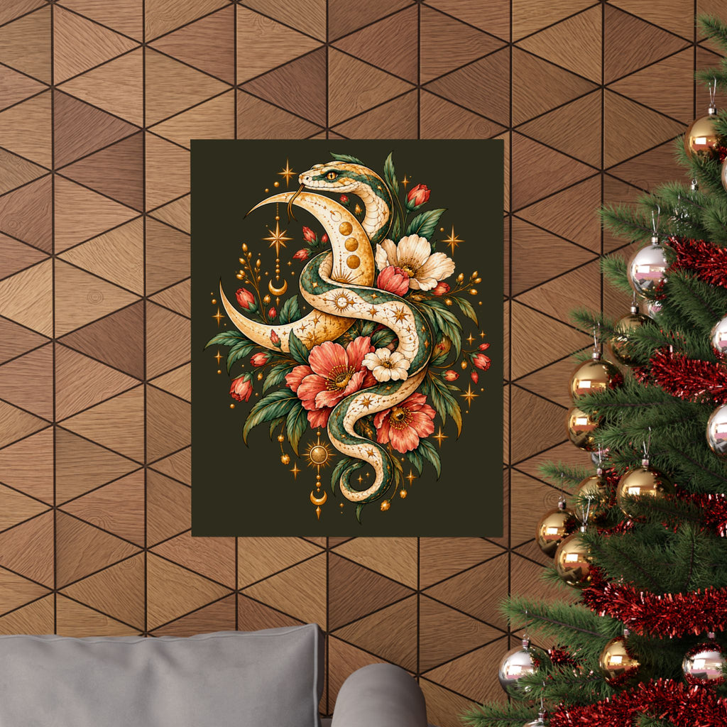Floral Gold Snake Poster Matte Vertical Print | Botanical Serpent Wall Art