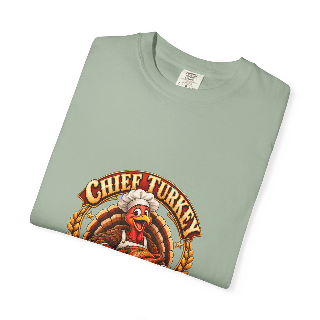 Chief Turkey Roaster T-Shirt — Retro Thanksgiving Emblem Tee, Vintage BBQ Turkey Badge Graphic Fall Shirt