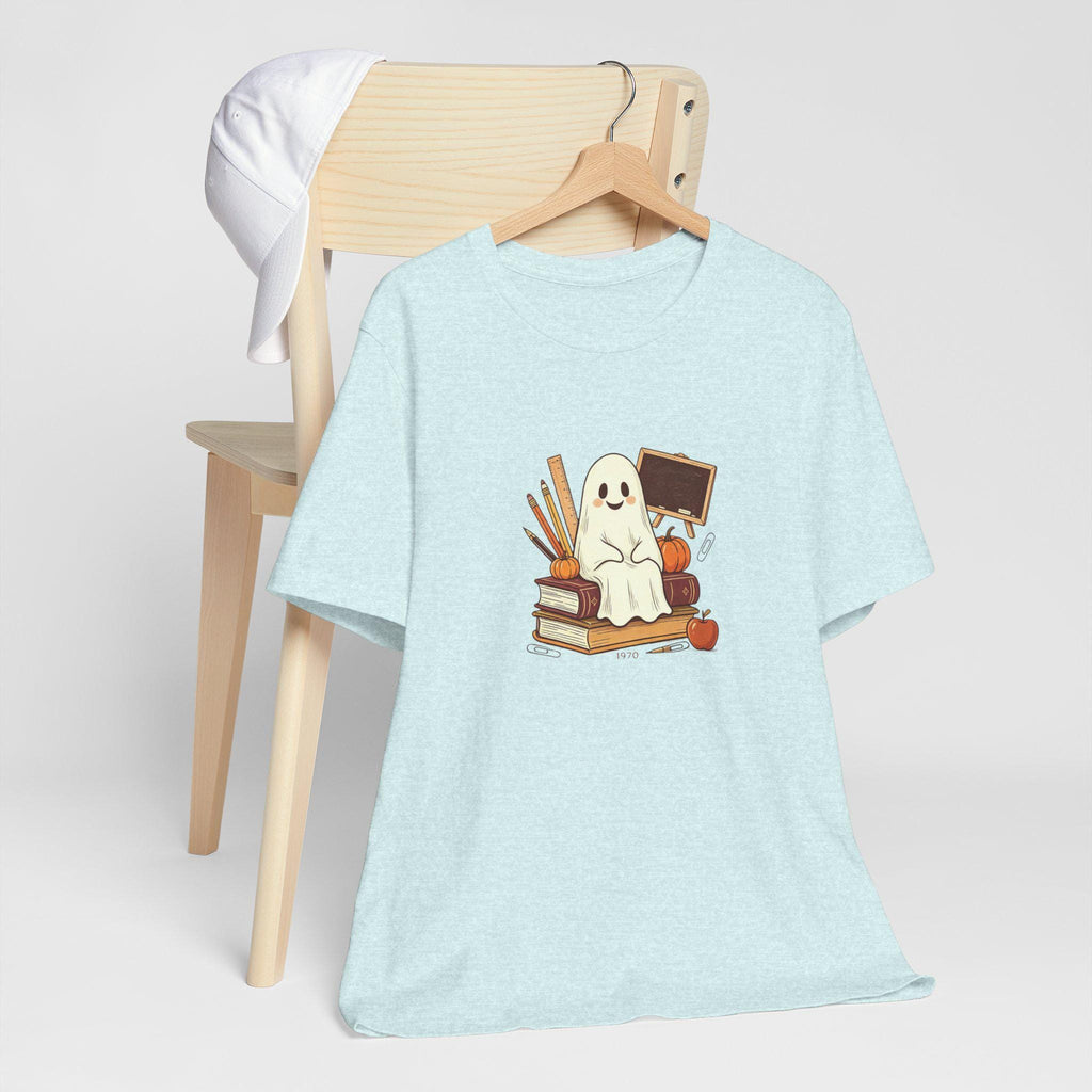 Cute Ghost on Books Tee | Back-to-School Halloween Teacher Shirt