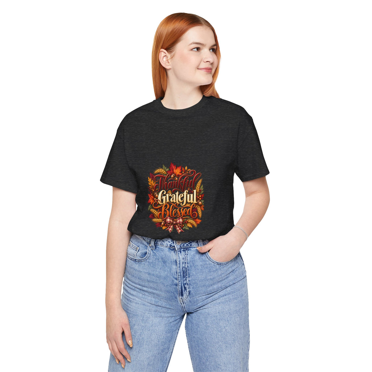 Thankful Grateful Blessed T-Shirt — Fall Leaves Thanksgiving Tee, Autumn Gratitude Shirt, Family Matching Outfit