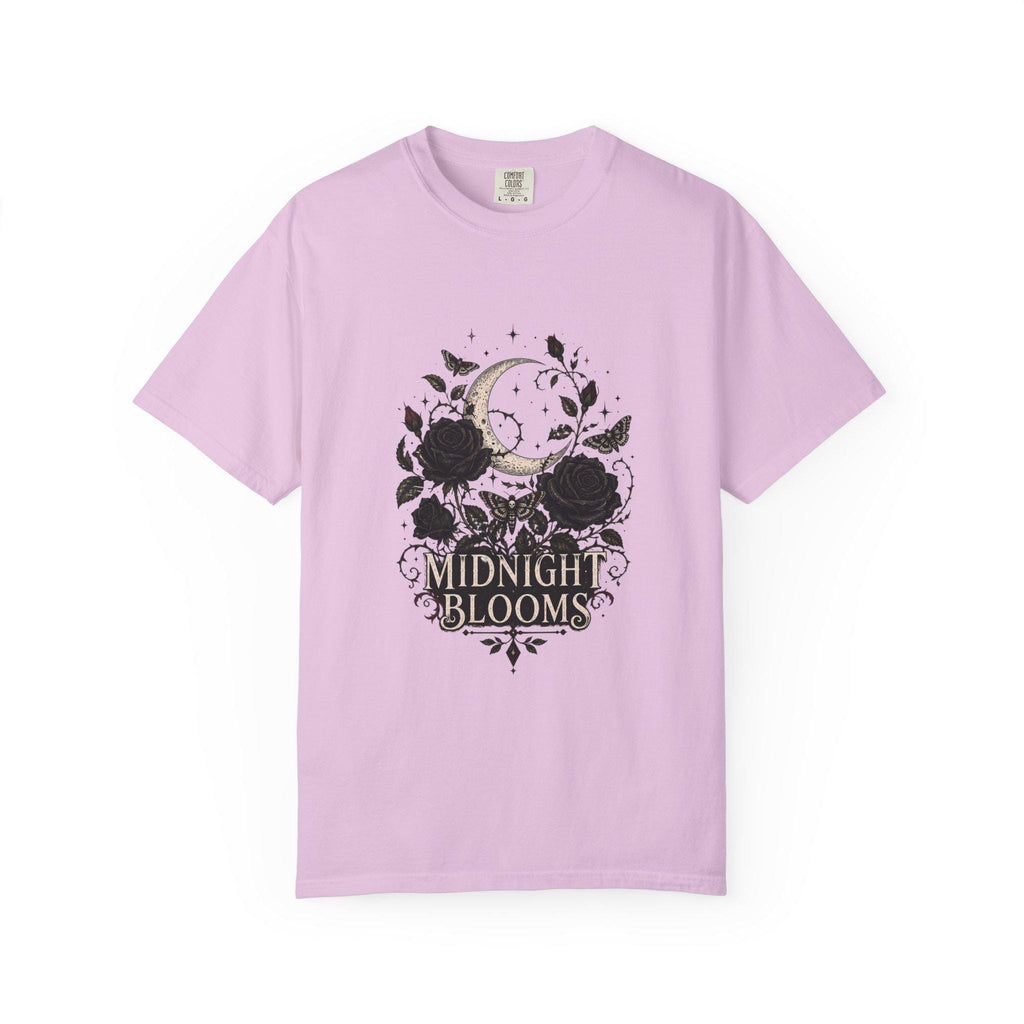 Midnight Blooms Moon Floral T-shirt | Gothic Rose Illustration