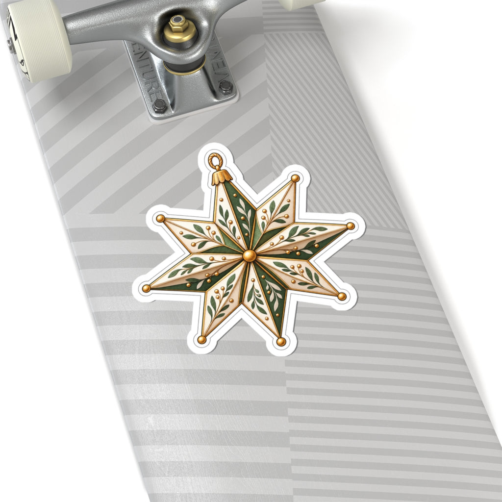Vintage Star Ornament Sticker — Green & Gold Holiday Kiss-Cut Sticker