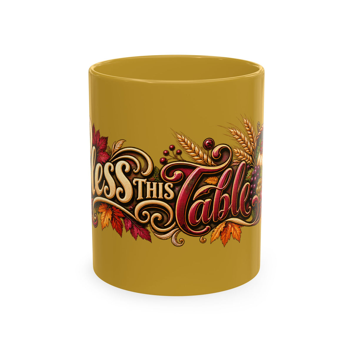 Bless This Table Mug — Harvest Thanksgiving Ceramic Coffee Mug, Cornucopia Gratitude Fall Harvest Gift