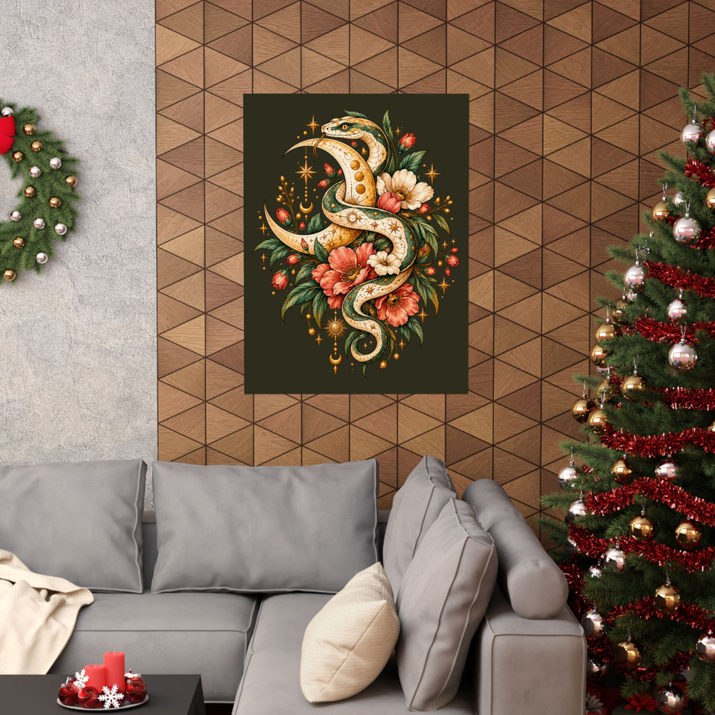 Floral Gold Snake Poster Matte Vertical Print | Botanical Serpent Wall Art