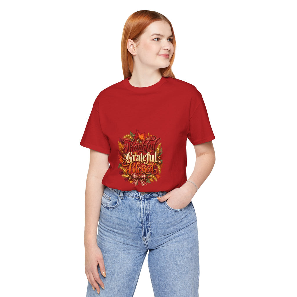 Thankful Grateful Blessed T-Shirt — Fall Leaves Thanksgiving Tee, Autumn Gratitude Shirt, Family Matching Outfit