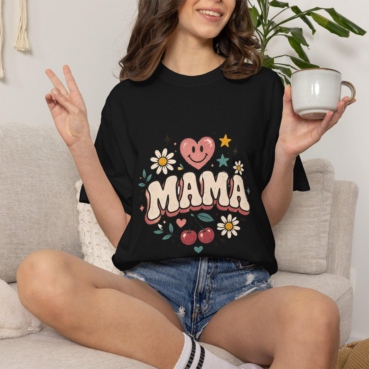 Mama Retro Floral Heart Cherry T-Shirt | Mom Typography Tee