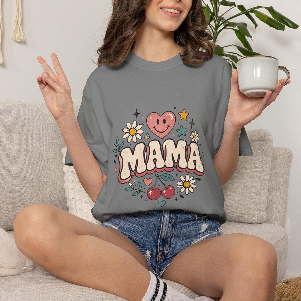 Mama Retro Floral Heart Cherry T-Shirt | Mom Typography Tee