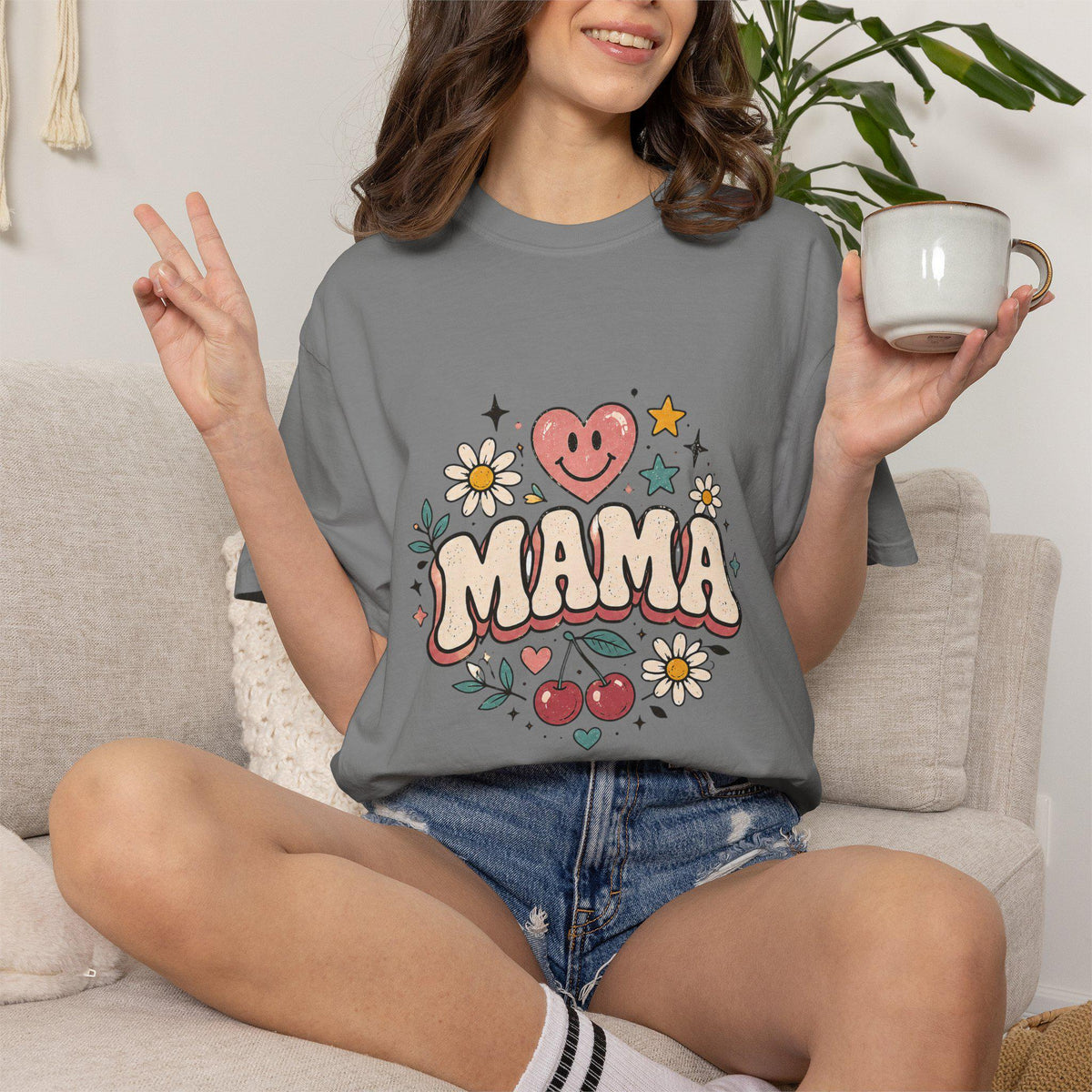 Mama Retro Floral Heart Cherry T-Shirt | Mom Typography Tee