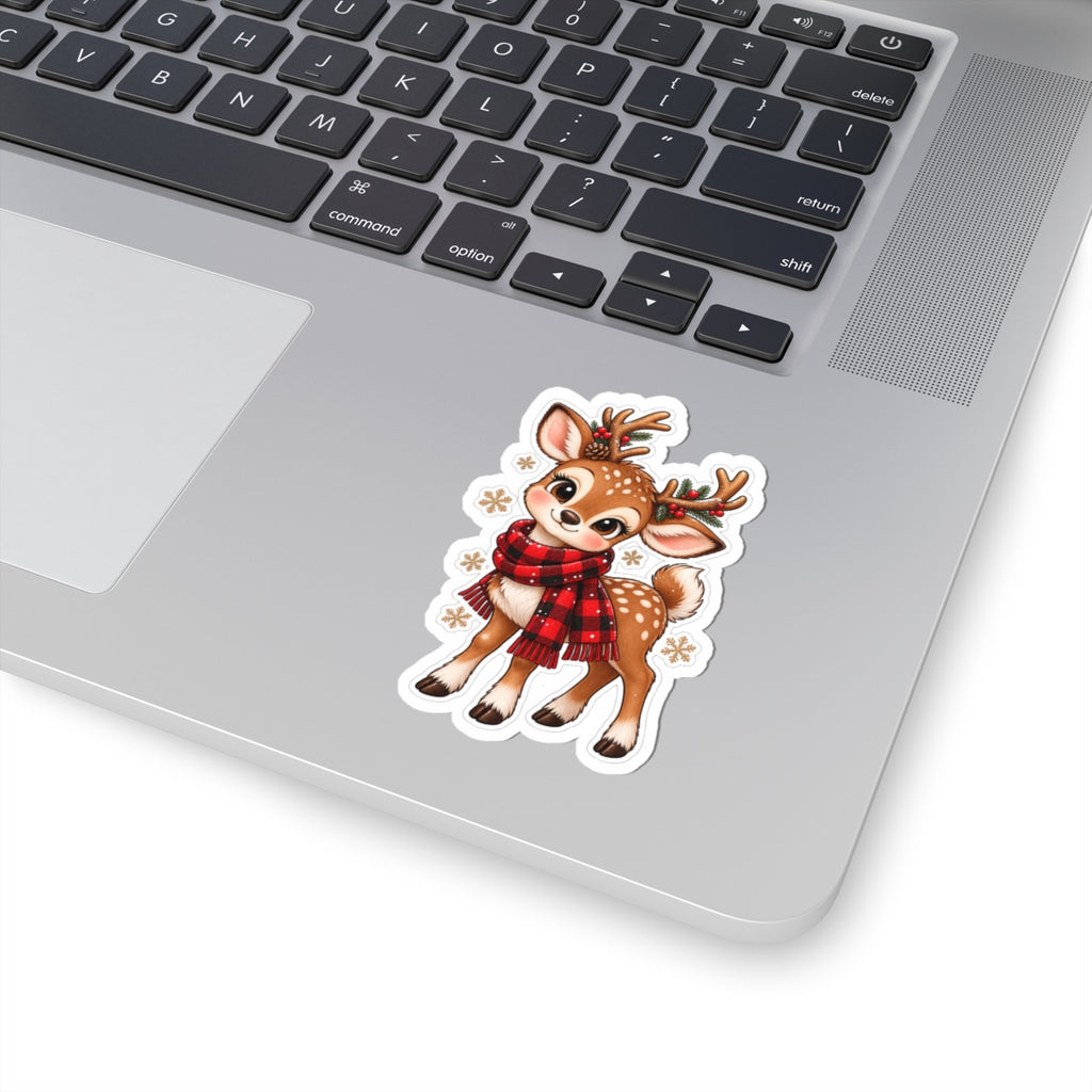 Cute Christmas Reindeer Sticker — Festive Deer with Plaid Scarf (Kiss-Cut)