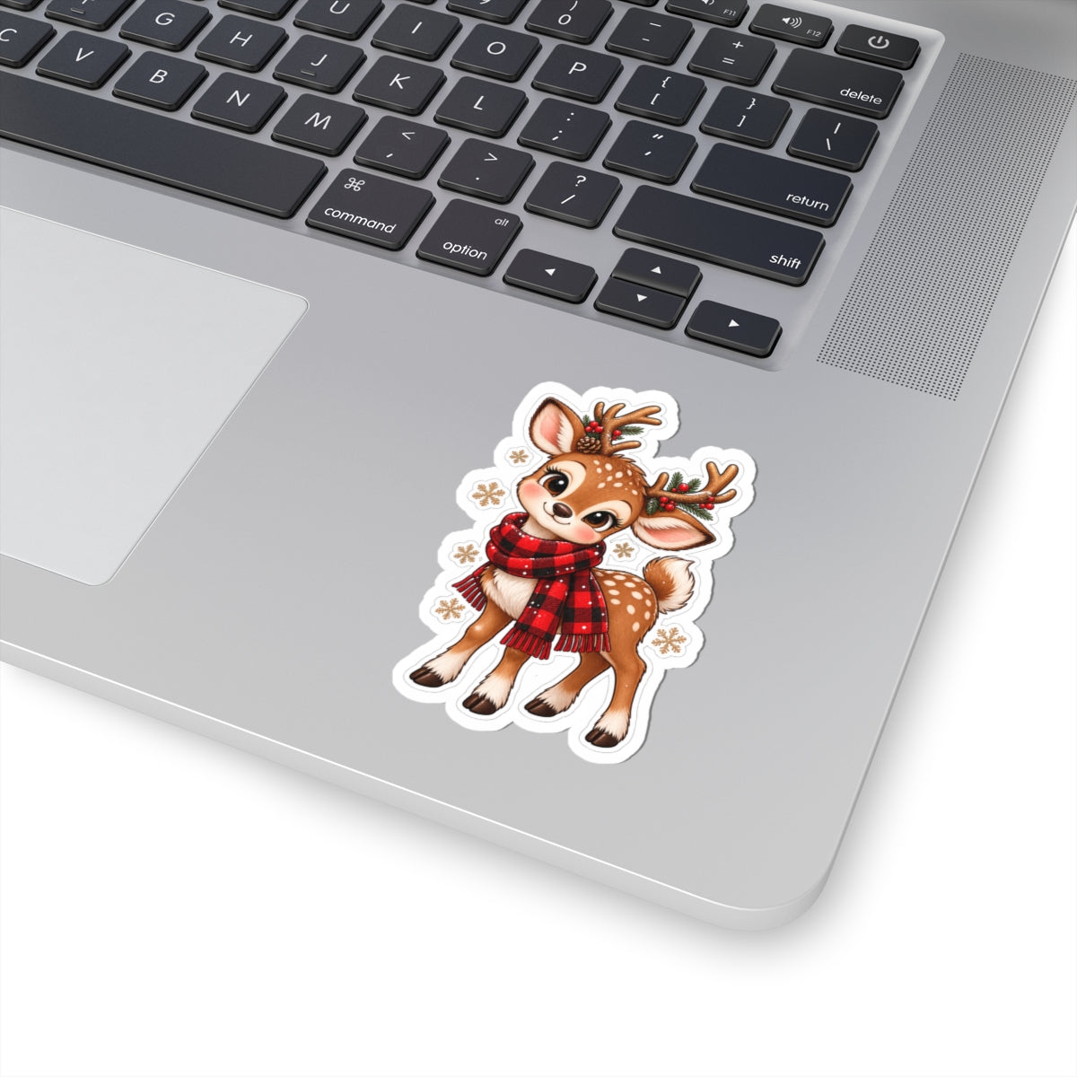 Cute Christmas Reindeer Sticker — Festive Deer with Plaid Scarf (Kiss-Cut)