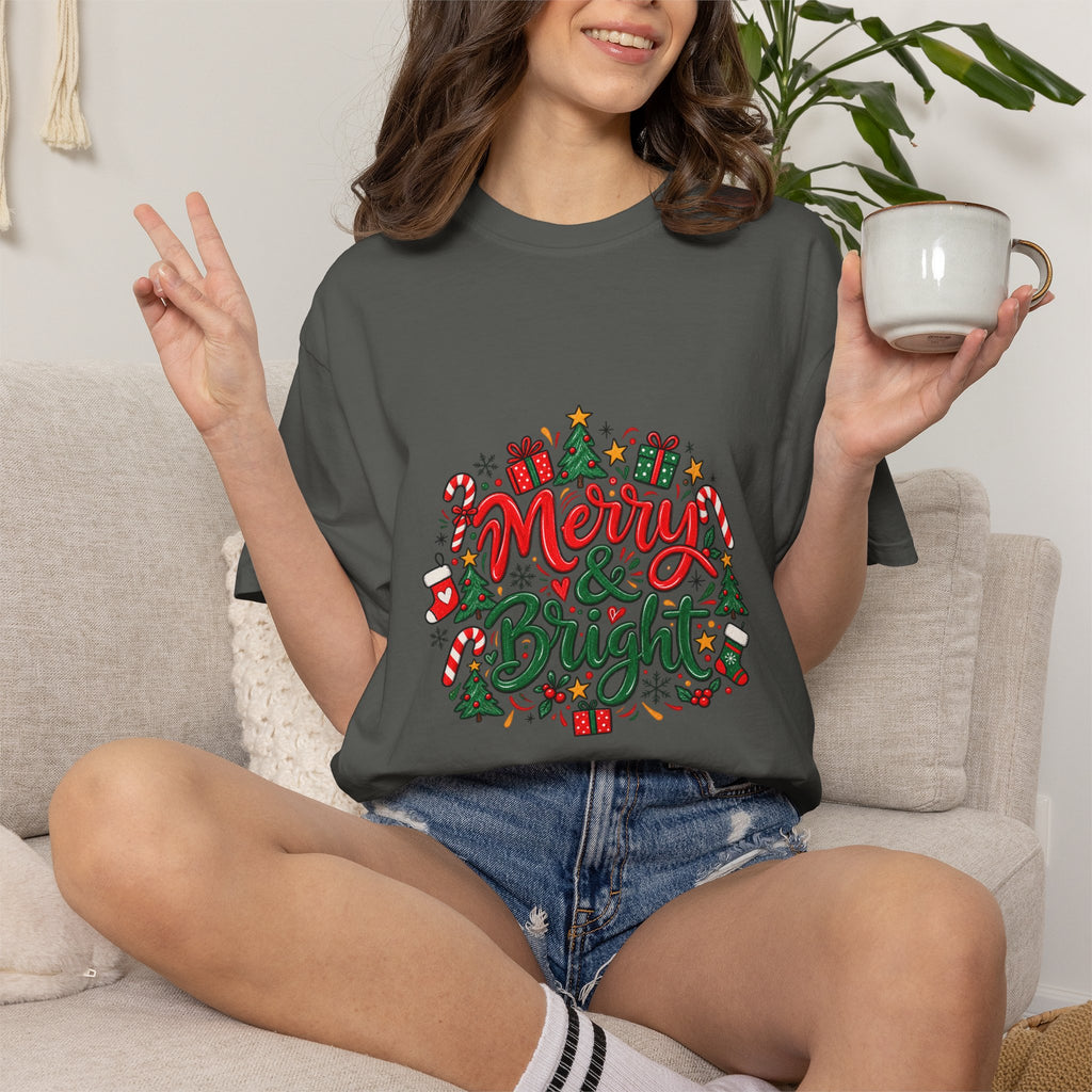 Merry & Bright Christmas T-Shirt | Festive Holiday Graphic Tee