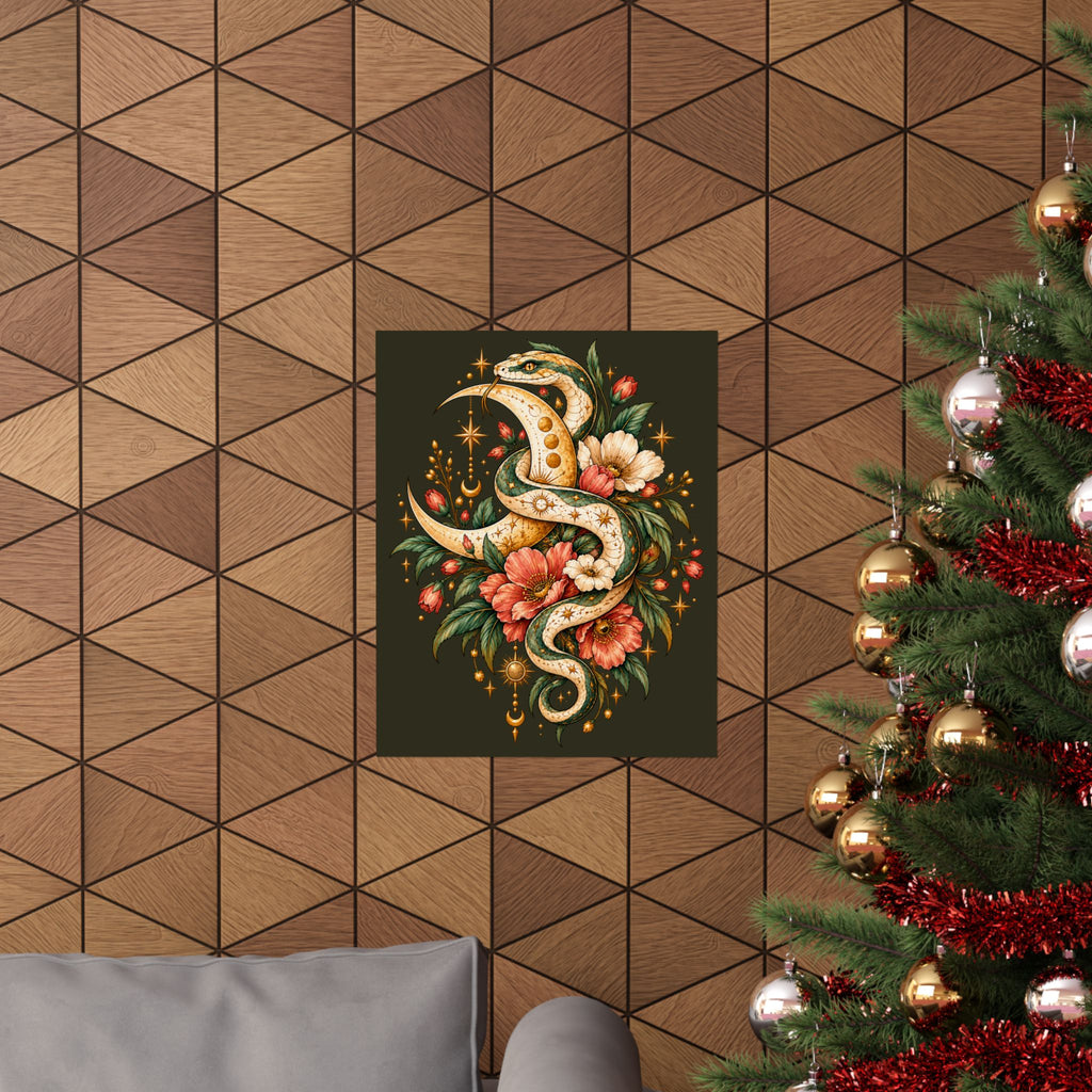 Floral Gold Snake Poster Matte Vertical Print | Botanical Serpent Wall Art