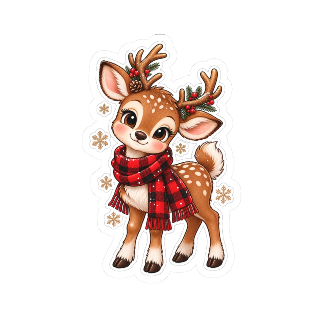 Cute Christmas Reindeer Sticker — Festive Deer with Plaid Scarf (Kiss-Cut)