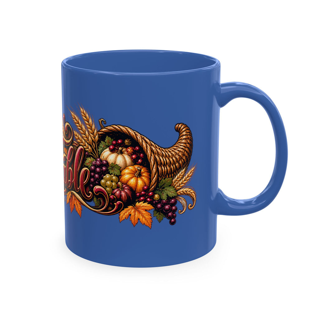 Bless This Table Mug — Harvest Thanksgiving Ceramic Coffee Mug, Cornucopia Gratitude Fall Harvest Gift