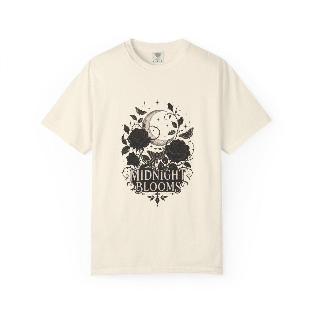 Midnight Blooms Moon Floral T-shirt | Gothic Rose Illustration