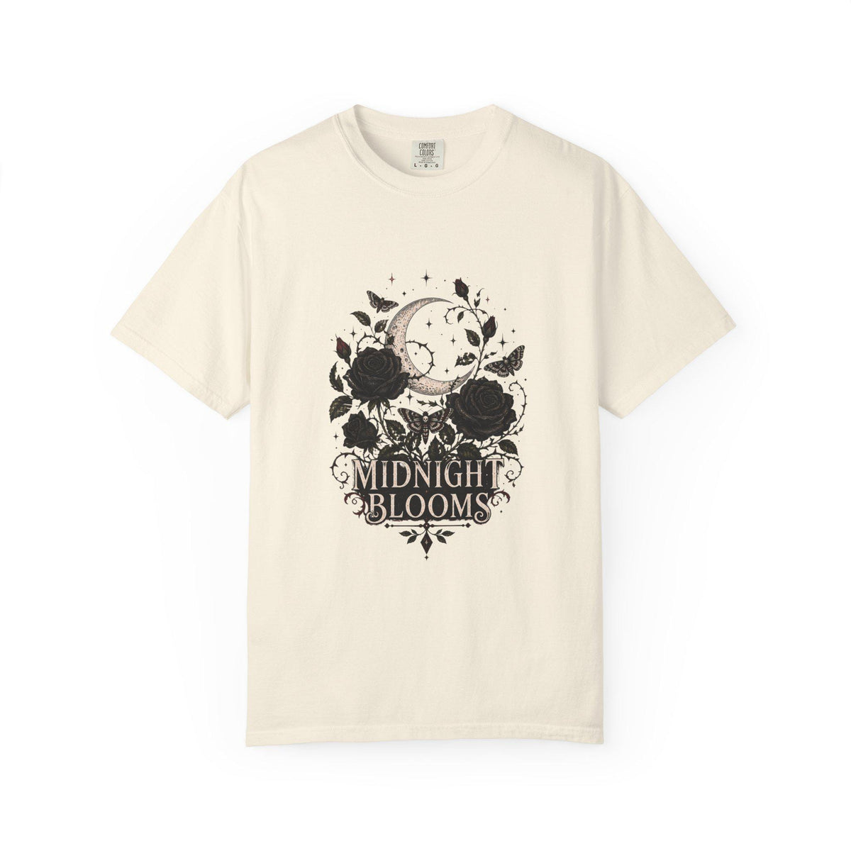Midnight Blooms Moon Floral T-shirt | Gothic Rose Illustration