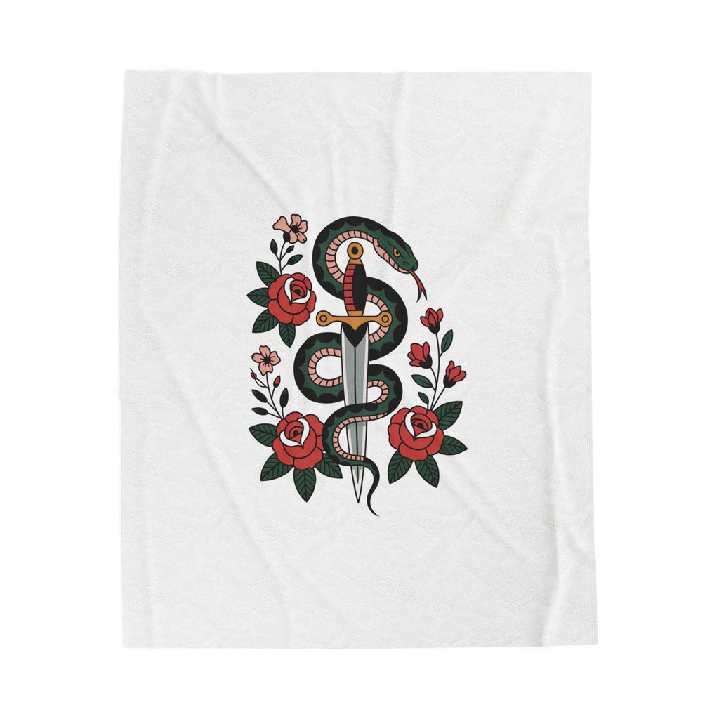 Snake and Dagger with Roses Velveteen Plush Blanket | Tattoo Style Floral Throw